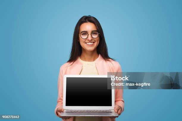 Happy Business Woman Holding Laptop Stock Photo - Download Image Now - Laptop, Holding, Women