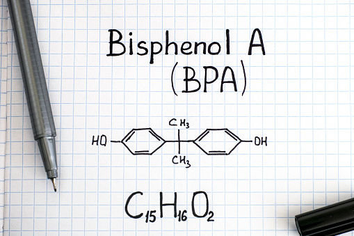 Chemical formula of Bisphenol A (BPA) with black pen. Close-up.