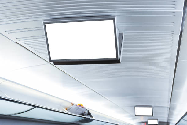 istock Public Transportation Interior Advertisement Screen Small Mockup Ceiling Hanging Electronic Computer Blank White 908283728