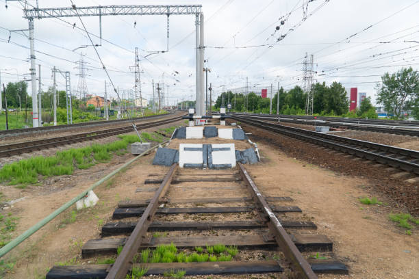 istock Railway impasse. The end of the railway track. 908289292