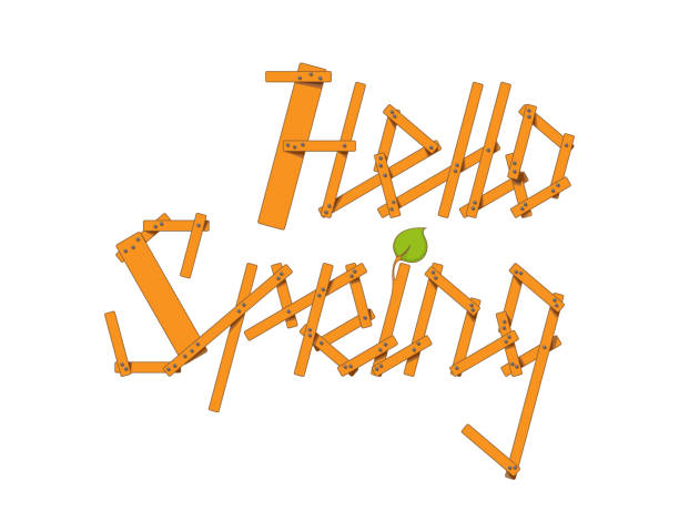 Vector Hello Spring lettering from small planks and young branches Hello Spring lettering from small planks and young branches isolated on white background. Vector illustration rail fence stock illustrations