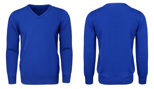 istock Blank template mens blue sweatshirt long sleeve, front and back view, isolated white background with clipping path. Design pullover mockup for print. 908290478
