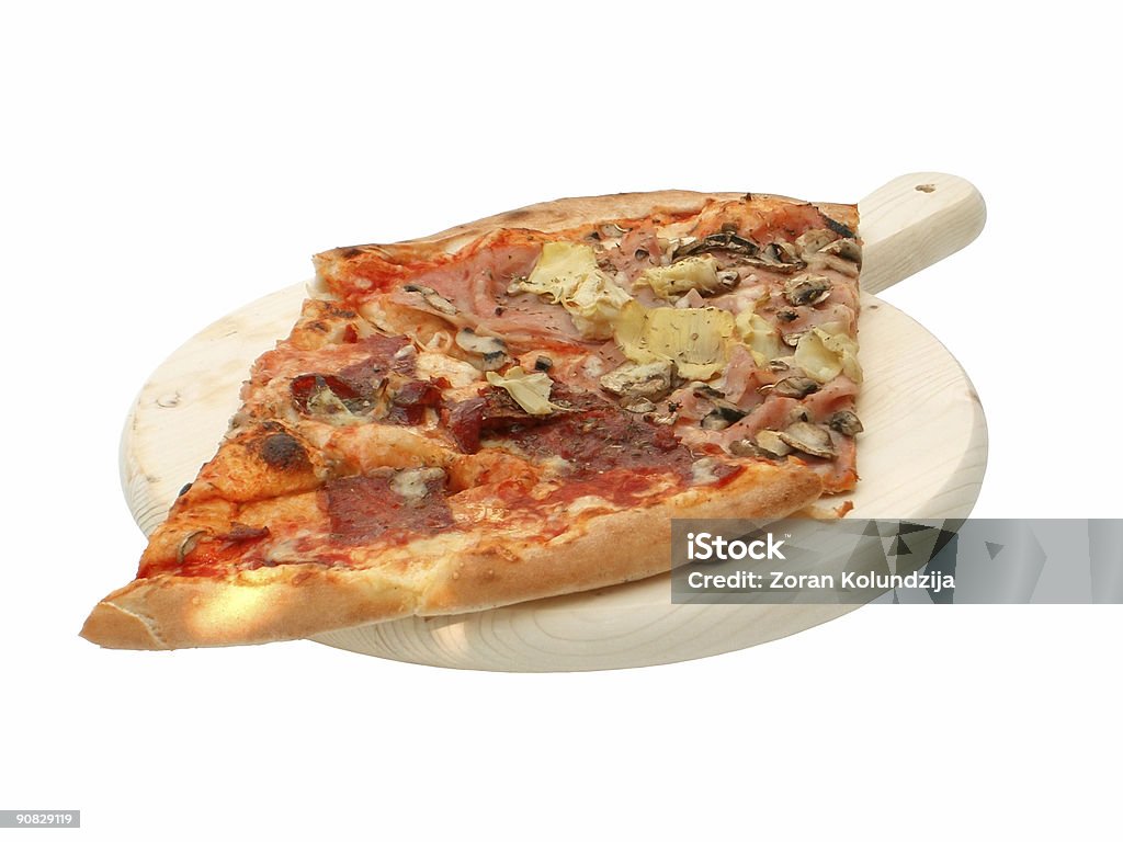 Two pieces of pizza (CLIPPING PATH included) Two pieces of pizza on a wooden plate - isolated on white + clipping path Cheese Stock Photo