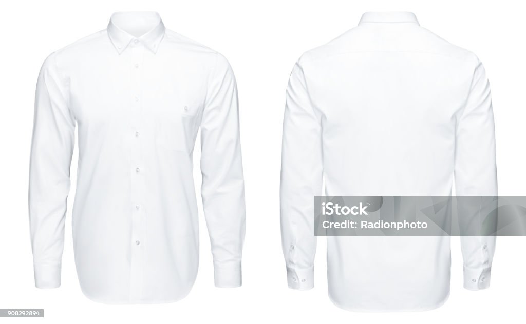 Detail closeup business or classic white shirt, front and back view, isolated white background with clipping path. Detail closeup business or classic white shirt, front and back view, isolated on white background with clipping path. Shirt Stock Photo