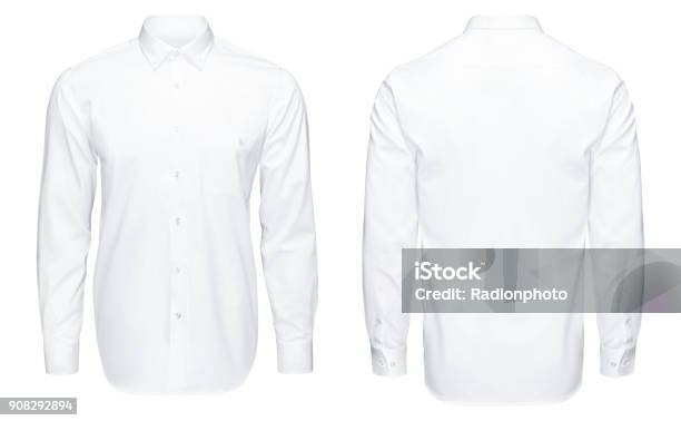 Detail Closeup Business Or Classic White Shirt Front And Back View Isolated White Background With Clipping Path Stock Photo - Download Image Now
