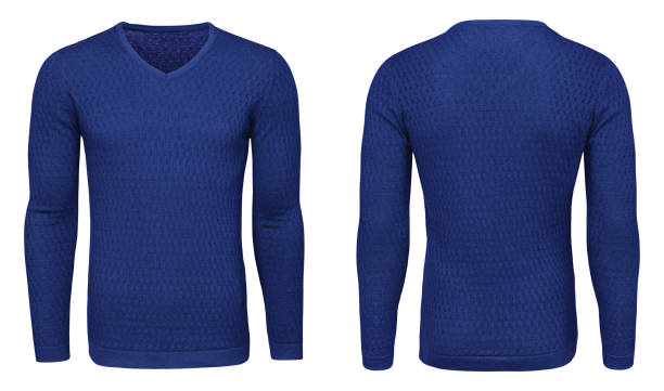 istock Blank template mens blue sweatshirt long sleeve, front and back view, isolated white background with clipping path. Design pullover mockup for print. 908292944