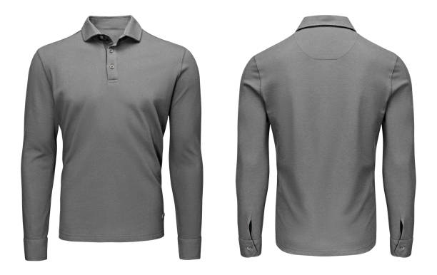 istock Blank template mens gray polo shirt long sleeve, front and back view, isolated white background with clipping path. Design sweatshirt mockup for print. 908293070