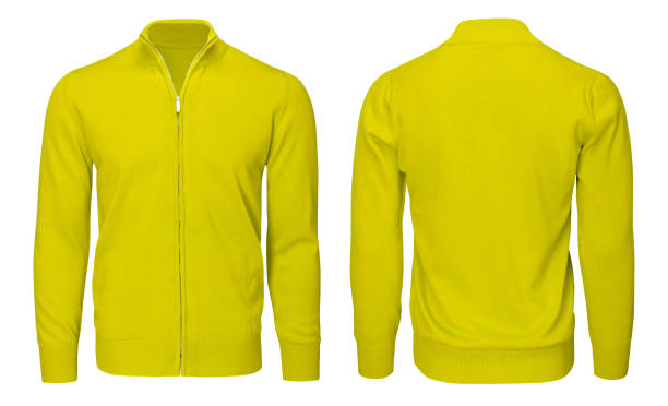 istock Blank template mens yellow sweatshirt long sleeve, front and back view, isolated white background with clipping path. Design pullover mockup for print. 908293076
