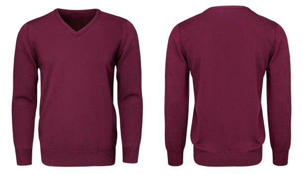 istock Blank template mens burgundy sweatshirt long sleeve, front and back view, isolated white background with clipping path. Design red pullover mockup for print. 908293388