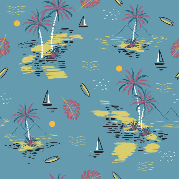 istock Beautiful seamless island pattern on pastel blue background. Landscape with palm trees,beach and ocean 908293444