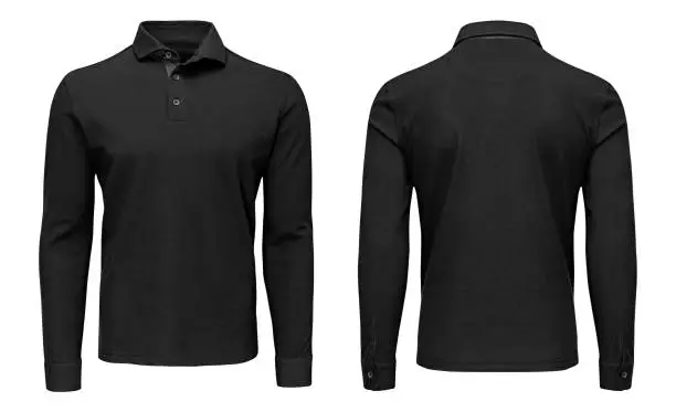 Photo of Blank template mens black polo shirt long sleeve, front and back view, isolated white background with clipping path. Design sweatshirt mockup for print.