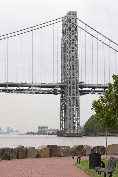 GWB - 5 George Washington Bridge from Ross Dock in Englewood, NJ.  Overcast skies. gwb stock pictures, royalty-free photos & images