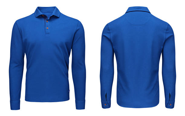 istock Blank template mens blue polo shirt long sleeve, front and back view, isolated white background with clipping path. Design sweatshirt mockup for print. 908296162