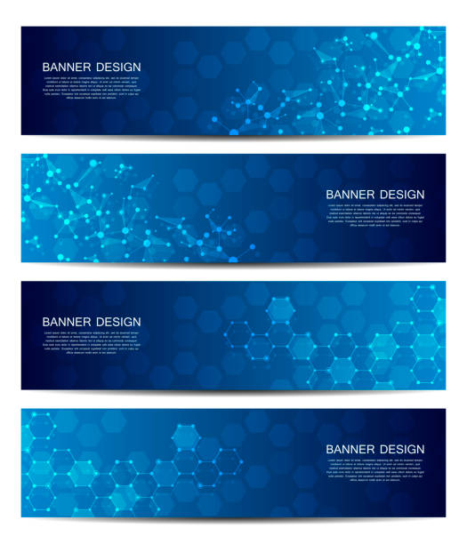 wissenschaft und technik banner. dna-molekül-struktur-hintergrund. wissenschaftliche und technologische konzept. vektor-illustration - banner hexagon backgrounds technology stock-grafiken, -clipart, -cartoons und -symbole