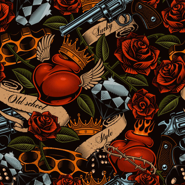 Old school tattoo pattern Old school tattoo seamless pattern. Seamless texture for textile. Text is on the separate layer. tattoo seamless texture stock illustrations