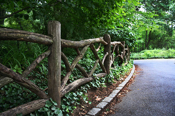 Rustic Wooden Railed Fence in Central Park, NYC stock photo