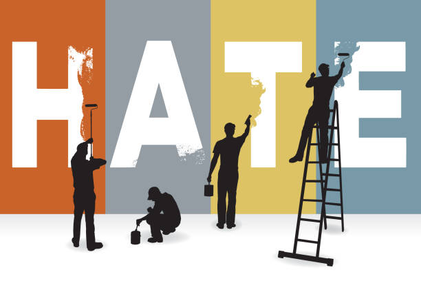 Eradicate Hate, Racism, Prejudice Concept Graphic, Billboard Eradicate Hate, Racism, Prejudice Concept Graphic, Billboard. Silhouette illustration of Four painters, painting over the word HATE. disgusted stock illustrations