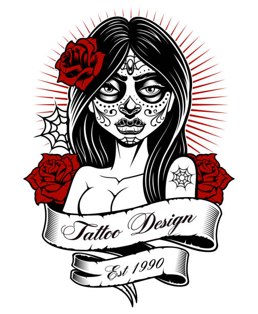 Tattoo girl (monochrome version) Tattoo girl. Latino tattoo vector illustration, perfect for print on shirt. All elements, text are on the separate layer and easy editable. (MONOCHROME VERSION ON WHITE BACKGROUND). black pin up girl tattoos stock illustrations