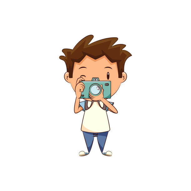 Child taking photo Child taking photo, cute kid, holding camera, make, picture, shot, photography, young man, person, photographer, cartoon character, vector illustration, isolated, white background cartoon photos stock illustrations
