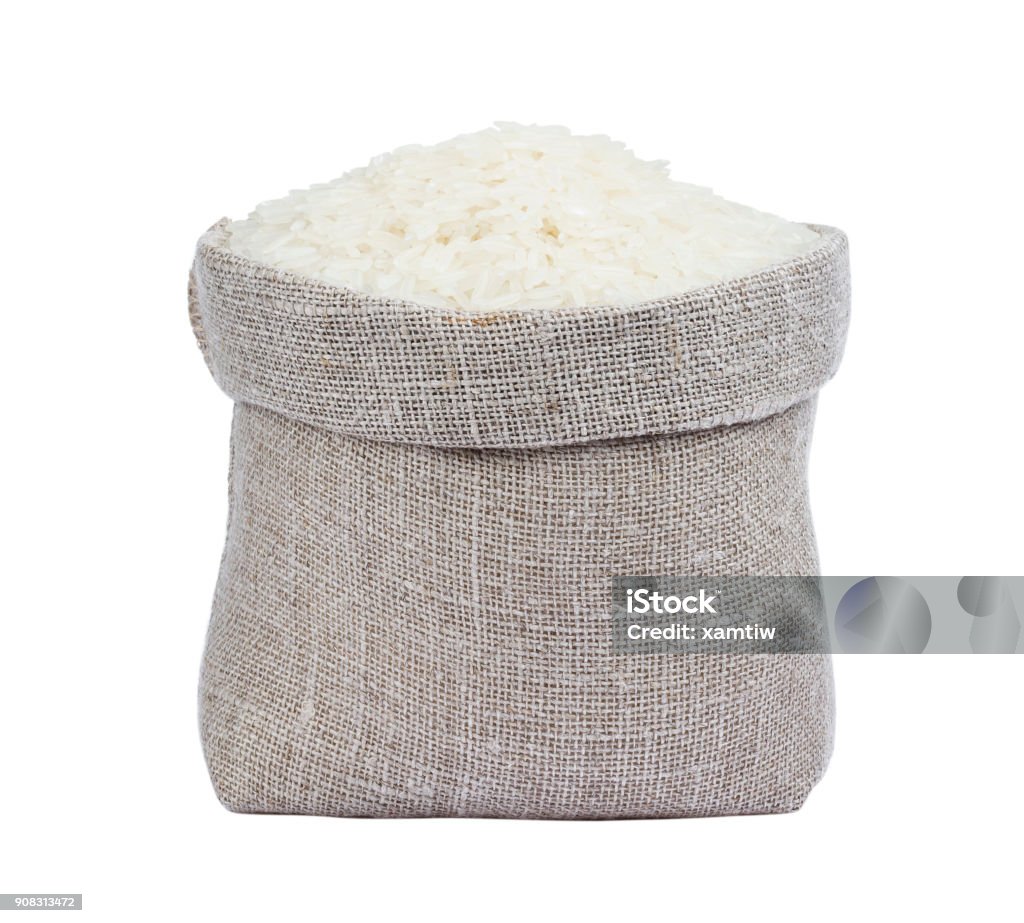 Jasmine rice in bag isolated on white background Jasmine rice in bag isolated on white background with clipping path Asian Food Stock Photo
