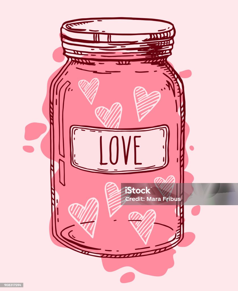 Hand drawn love jar Pink vintage glass jar full of love. Valentine hearts romantic vector hand drawn illustration. Contour sketch isolated. Jar stock vector