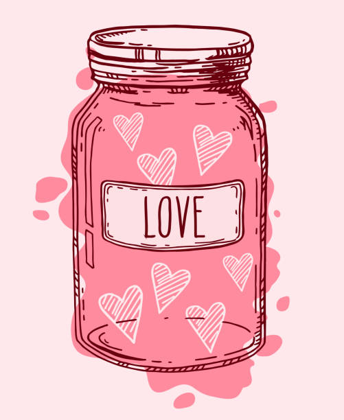 Hand drawn love jar Pink vintage glass jar full of love. Valentine hearts romantic vector hand drawn illustration. Contour sketch isolated. mason jar stock illustrations