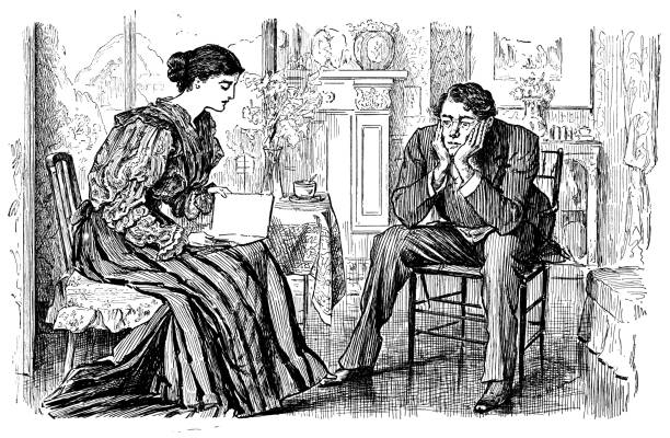 Victorian woman reading while her husband sits and thinks A Victorian couple sitting in their home. She is reading while he has his head in his hands, apparently thinking - or possibly bored. facepalm funny stock illustrations