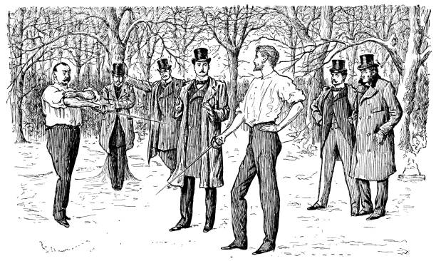 ilustrações de stock, clip art, desenhos animados e ícones de two frenchmen preparing to settle an argument with duelling swords - fencing sport rivalry sword