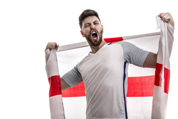 english male athlete / fan celebrating on white background - fan sport football male imagens e fotografias de stock