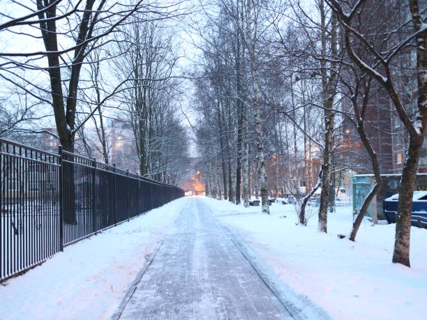 istock snow-covered pedestrian path in the park 908326992