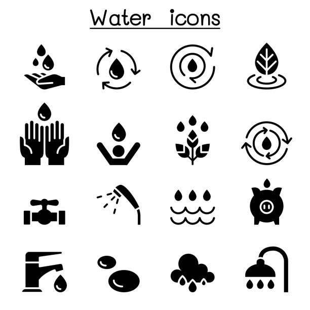 вода значок набор вектор иллюстрации графический дизайн - sustainable resources water conservation water faucet stock illustrations