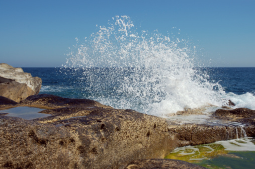 Waves breaking on the rocky coast of Malta (Mediterranean).