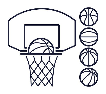 Basketball hoop and balls line art symbols.