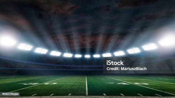 Football Stadium Stock Photo - Download Image Now - American Football - Sport, American Football - Ball, Night