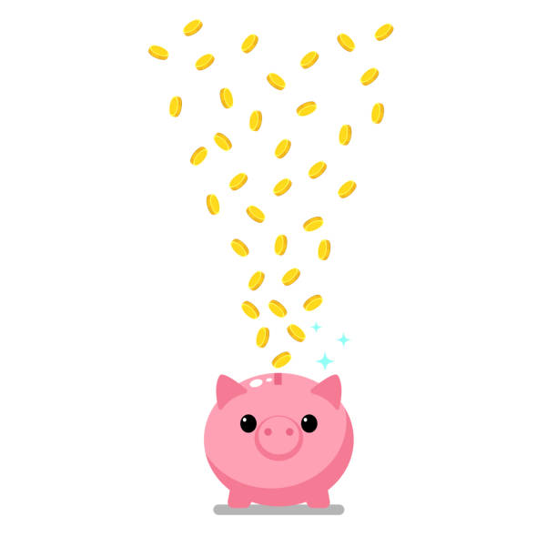 Concept of wealth. Concept of wealth. Golden coins falling into a pink piggy bank. Flat design, vector illustration. pennies from heaven stock illustrations