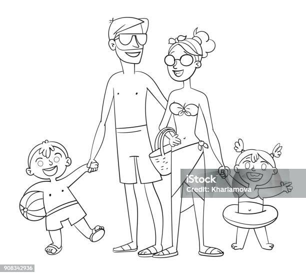 Happy Family On Vacation Coloring Book Stock Illustration - Download Image  Now - Coloring, Beach, Child - iStock