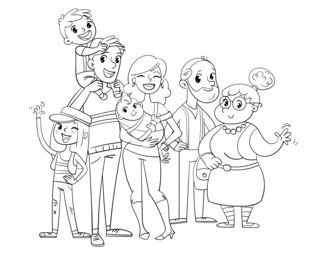 My big family posing together. Coloring book My big family posing together (father, mother, daughter, son, grandparents). Funny cartoon character. Vector illustration. Coloring book. Isolated on white background family designs stock illustrations
