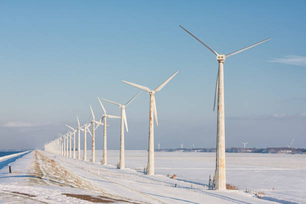 holenderski zimowy krajobraz z zaśnieżonymi polami i turbinami wiatrowymi - netherlands windmill farm farmhouse zdjęcia i obrazy z banku zdjęć