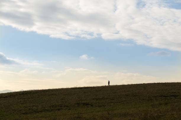istock Man on the horizon of meaow. 908352766