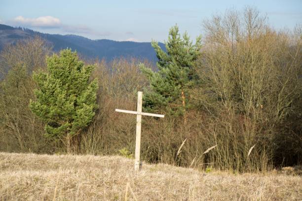 istock Wooden cross in the forest. 908353512