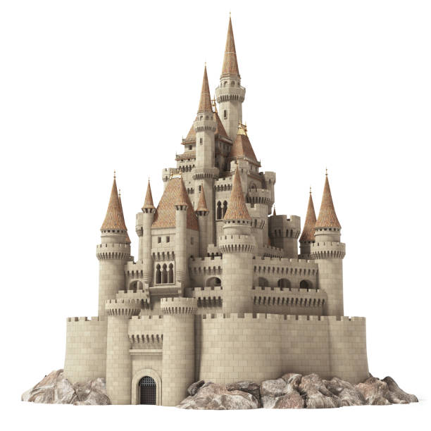 Old fairytale castle on the hill isolated on white. Old fairytale castle on the hill isolated on white. 3d illustration. moated castle stock pictures, royalty-free photos & images