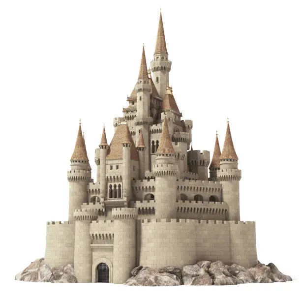 Old fairytale castle on the hill isolated on white. 3d illustration.