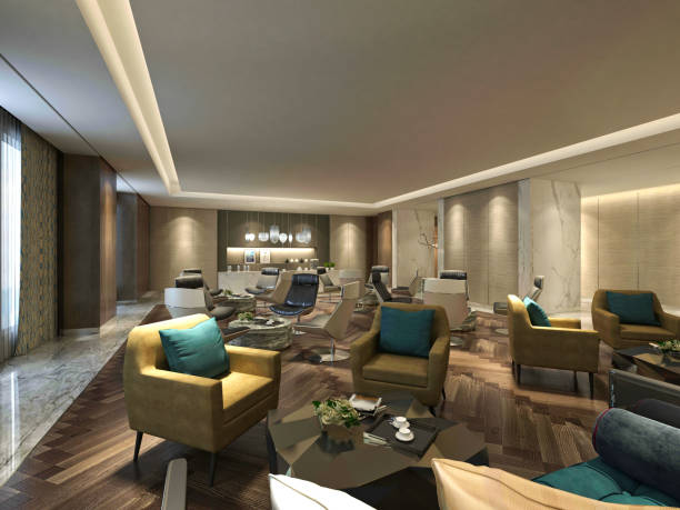 istock 3d render of luxury hotel lobby and bar 908354212