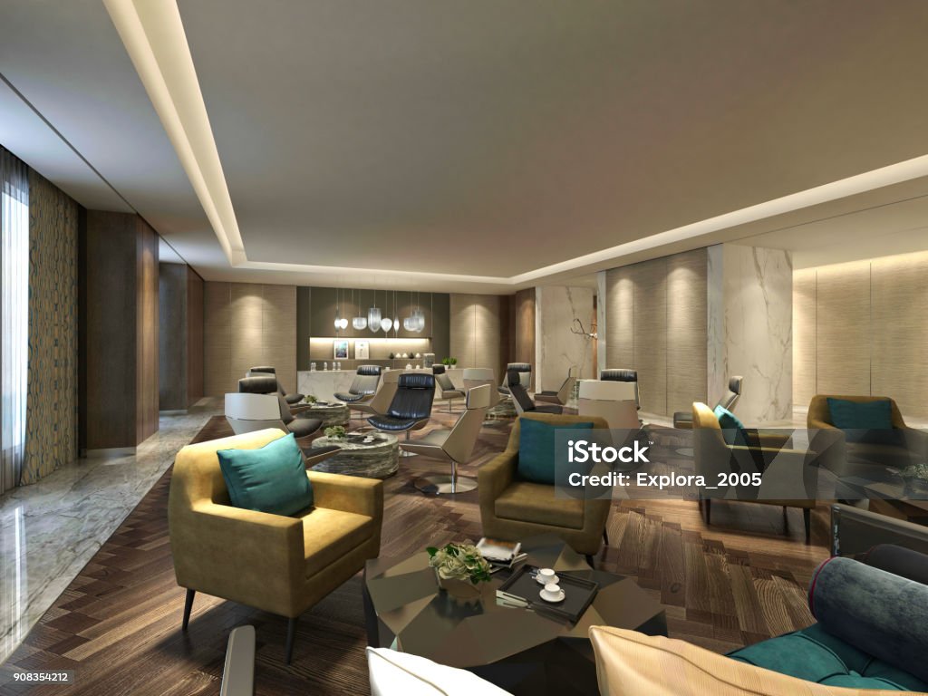 3d render of luxury hotel lobby and bar Lobby Stock Photo