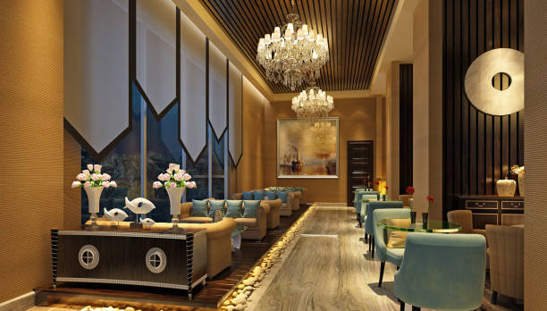 istock 3d render of luxury hotel lobby and bar 908356462