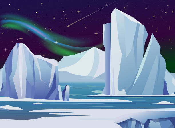 Vector illustration arctic night landscape with, iceberg and mountains. Cold climate winter background polar lights and stars. Vector illustration arctic night landscape with, iceberg and mountains. Cold climate winter background polar lights and stars antarctica travel stock illustrations