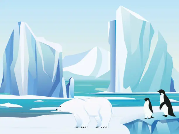 Vector illustration of Vector illustration arctic landscape with polar bear and penguins, iceberg and mountains. Cold climate winter background.