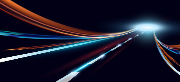 Vector illustration of dynamic lights. High speed road in night time abstraction. City road car light trails motion background