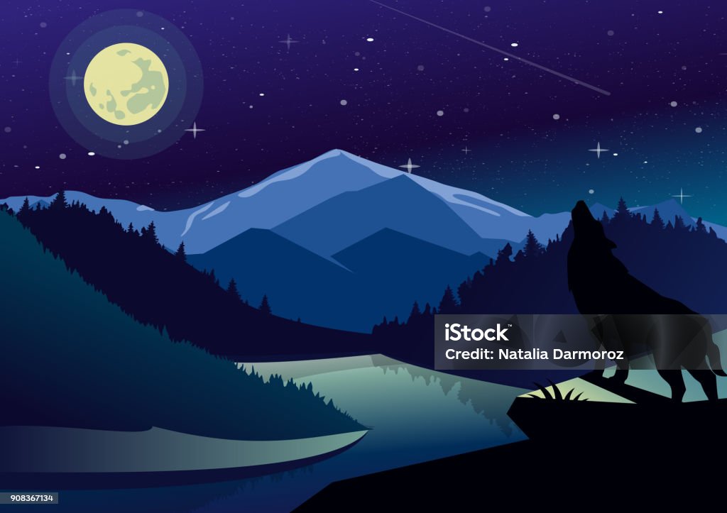 Ảnh Minh Họa Phong Cảnh Vector Với Núi Rừng Vào Ban Đêm Sói Trên Đỉnh Núi  Hú Lên Mặt Trăng Trên Nền Nhìn Ra Sông Bầu Trời Tối Và Các Ngôi Sao