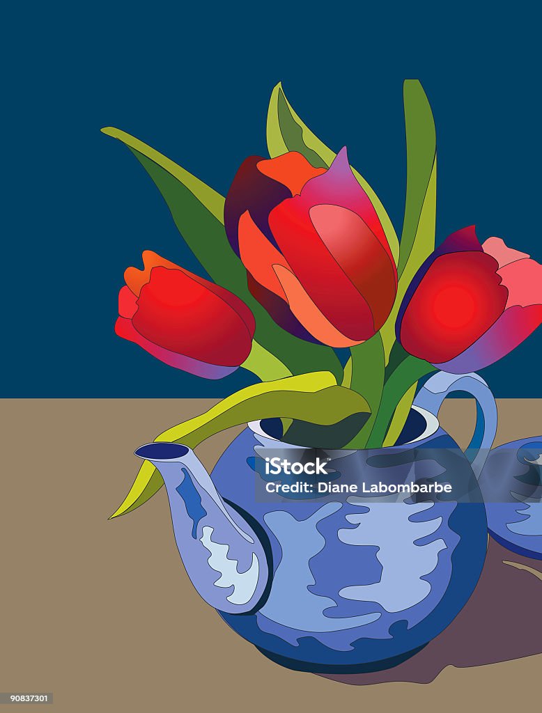 Teiera e tulipani - Illustrazione stock royalty-free di Bouquet